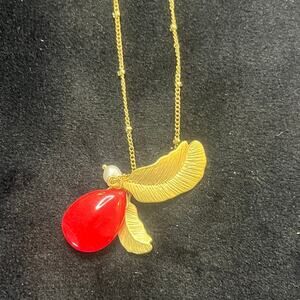 Vintage Golden Leaf, Seed Pearl and Red Charm Embellishments on Lasso Necklace